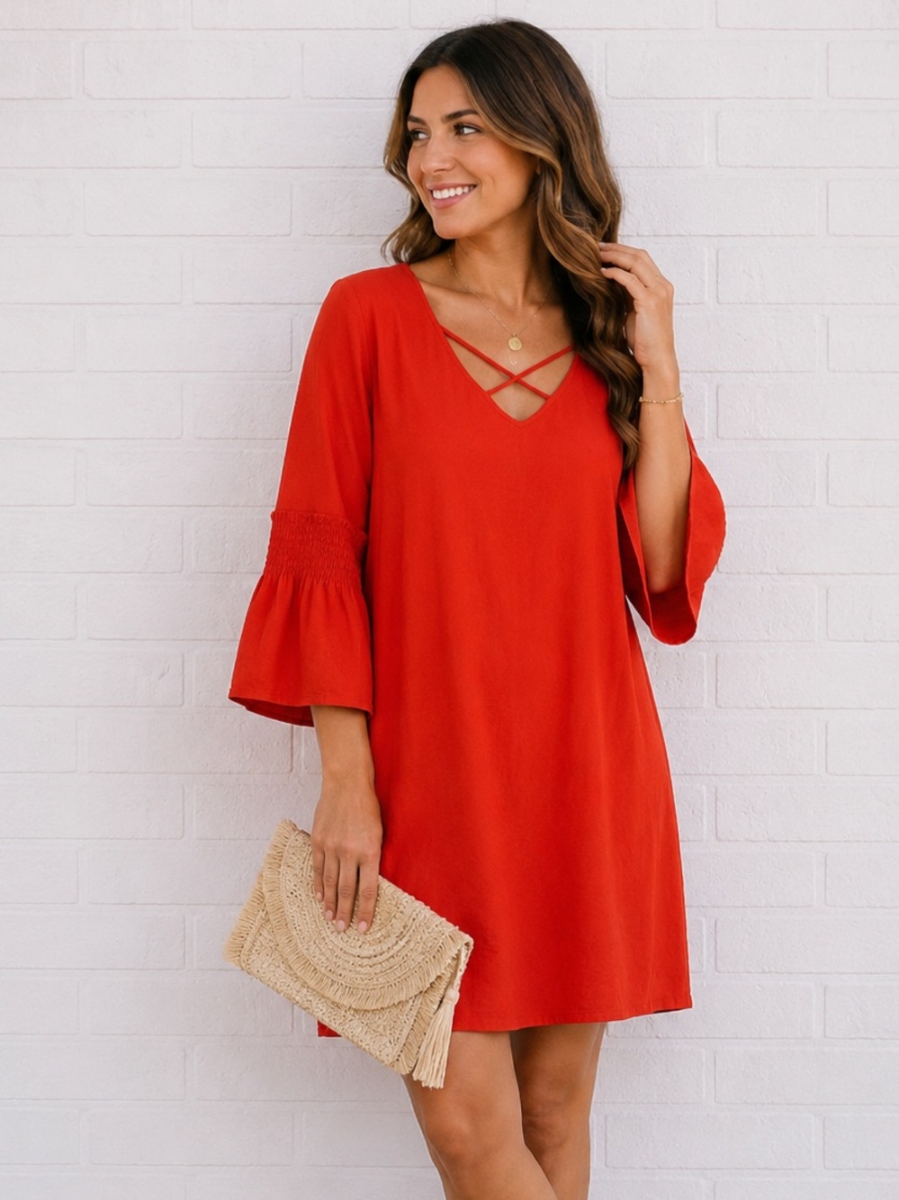 a.n.a Rust Bell Sleeve Shift Dress Medium Boho Date Night Fall